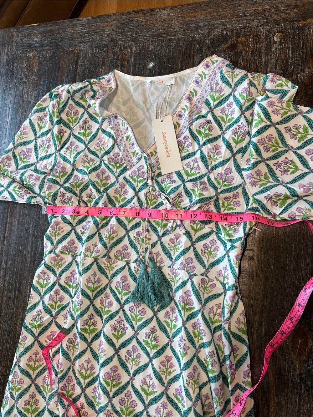 NWT Green Geometric V-Neck Maxi Dress with Tassel Tie - Picture 7 of 7